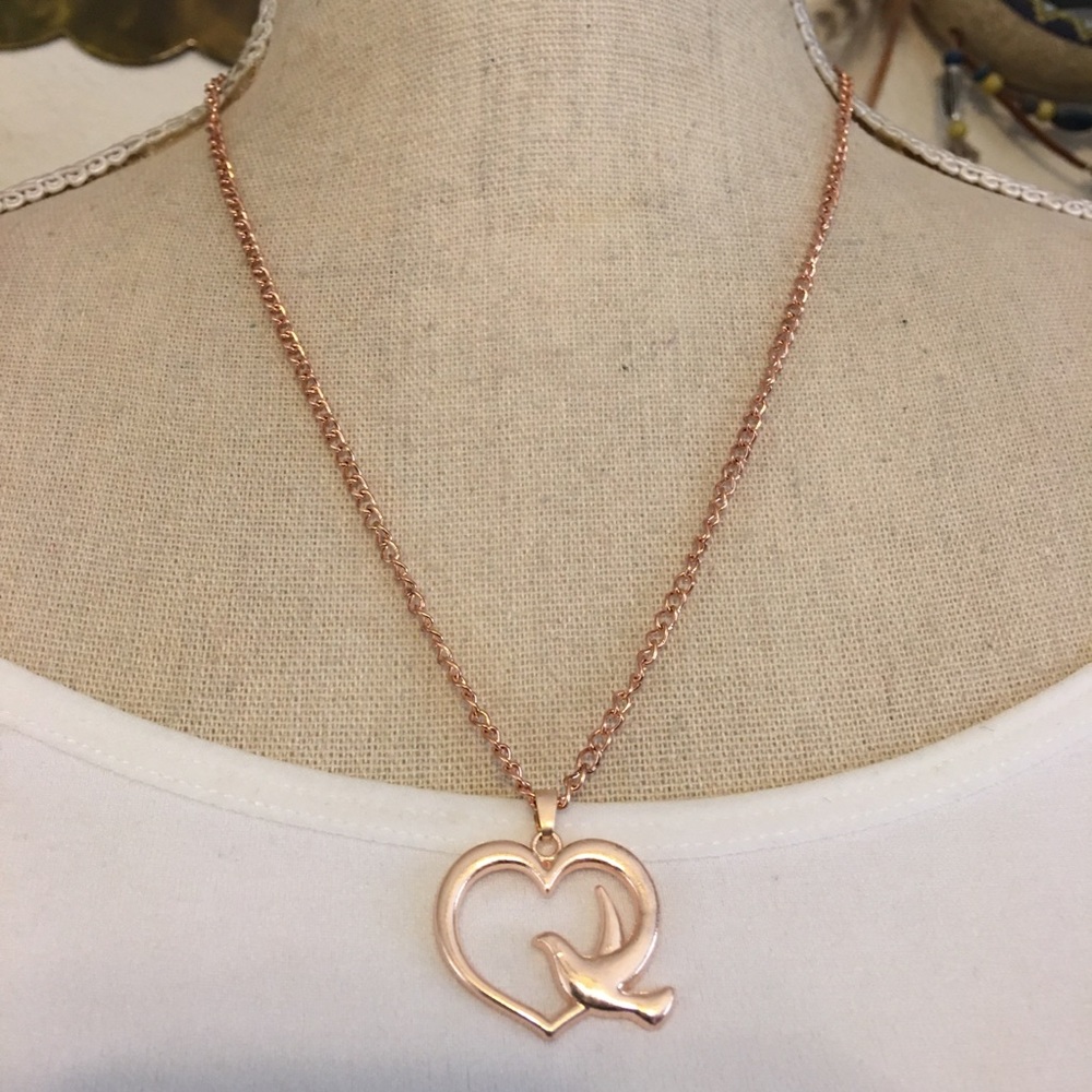 Vintage shiny rose gold tone dove & heart necklace
